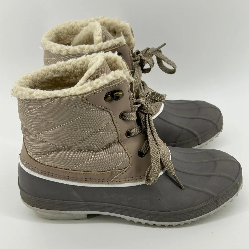 Khombu Tan Grey Quilted Sherpa Lined‎ Duck Boots Winter Waterproof Snow Women 8